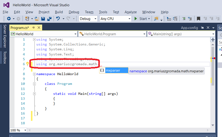 07 - mXparser - Hello World - C# - Visual Studio 2015